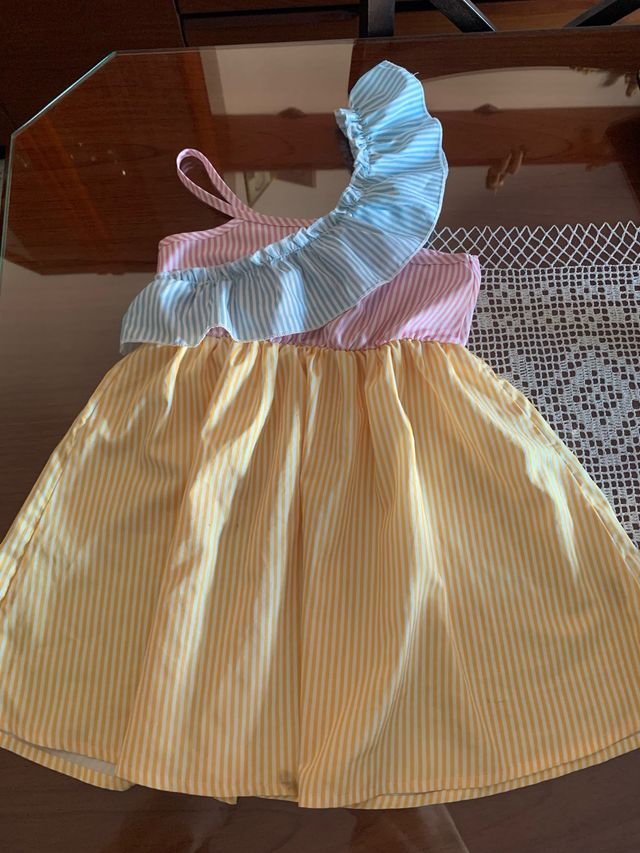 Vestido niña rayas rosa, azul y amarillo