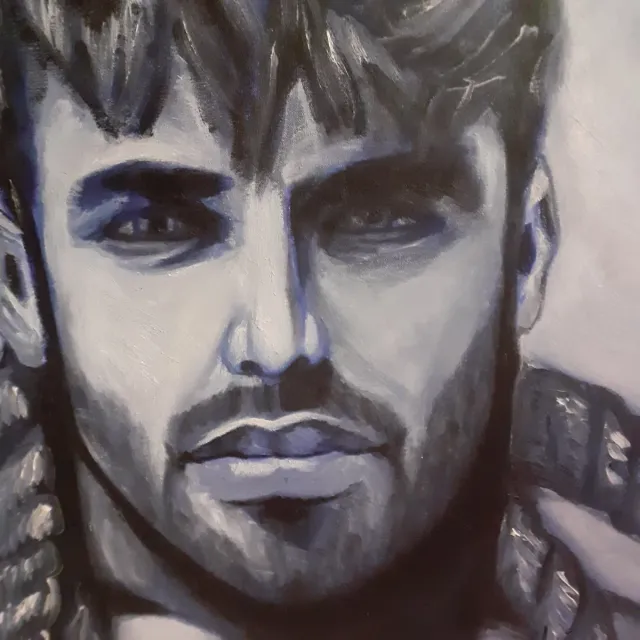 Retrato masculino al óleo azul y gris