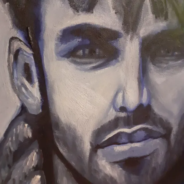 Retrato masculino al óleo azul y gris