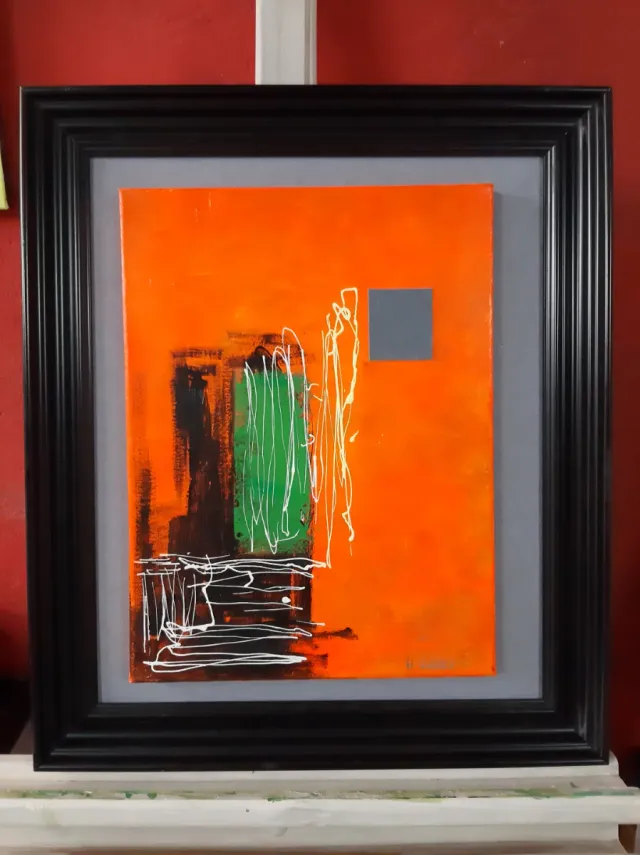 Pintura Abstracta Acrílica Naranja y Verde