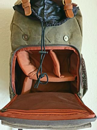 Mochila de fotografía de lona y cuero