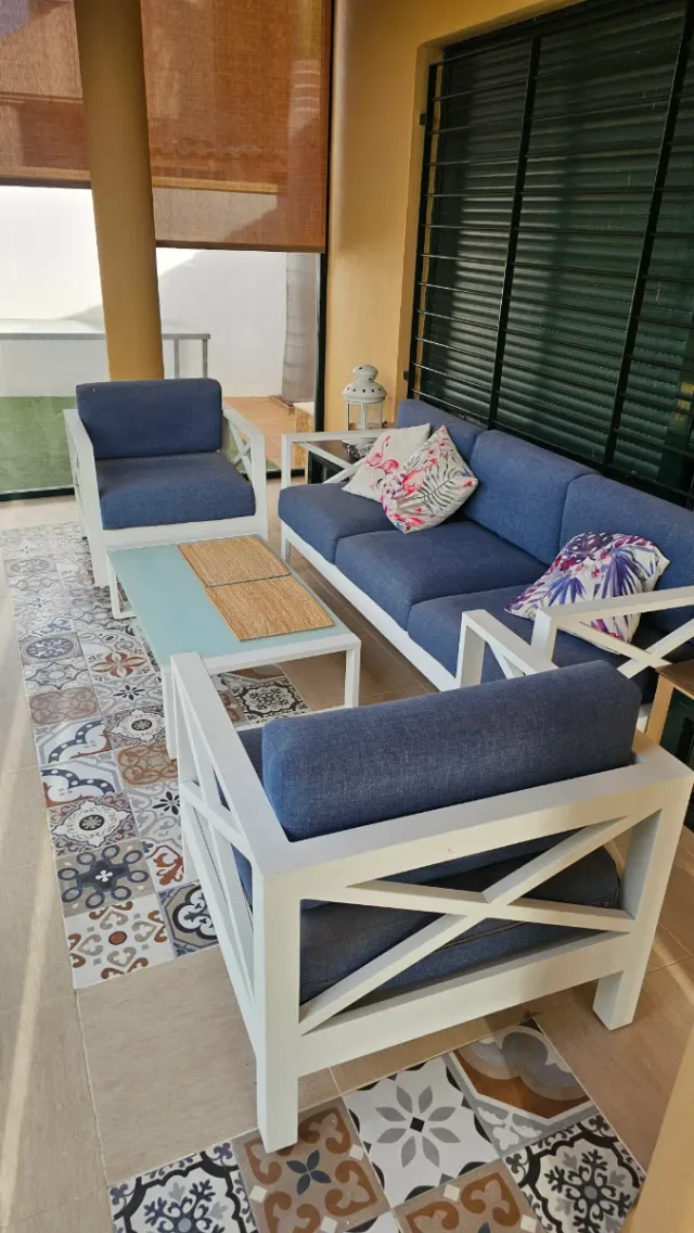 Conjunto Sofá y Sillones Exterior Azul y mesa