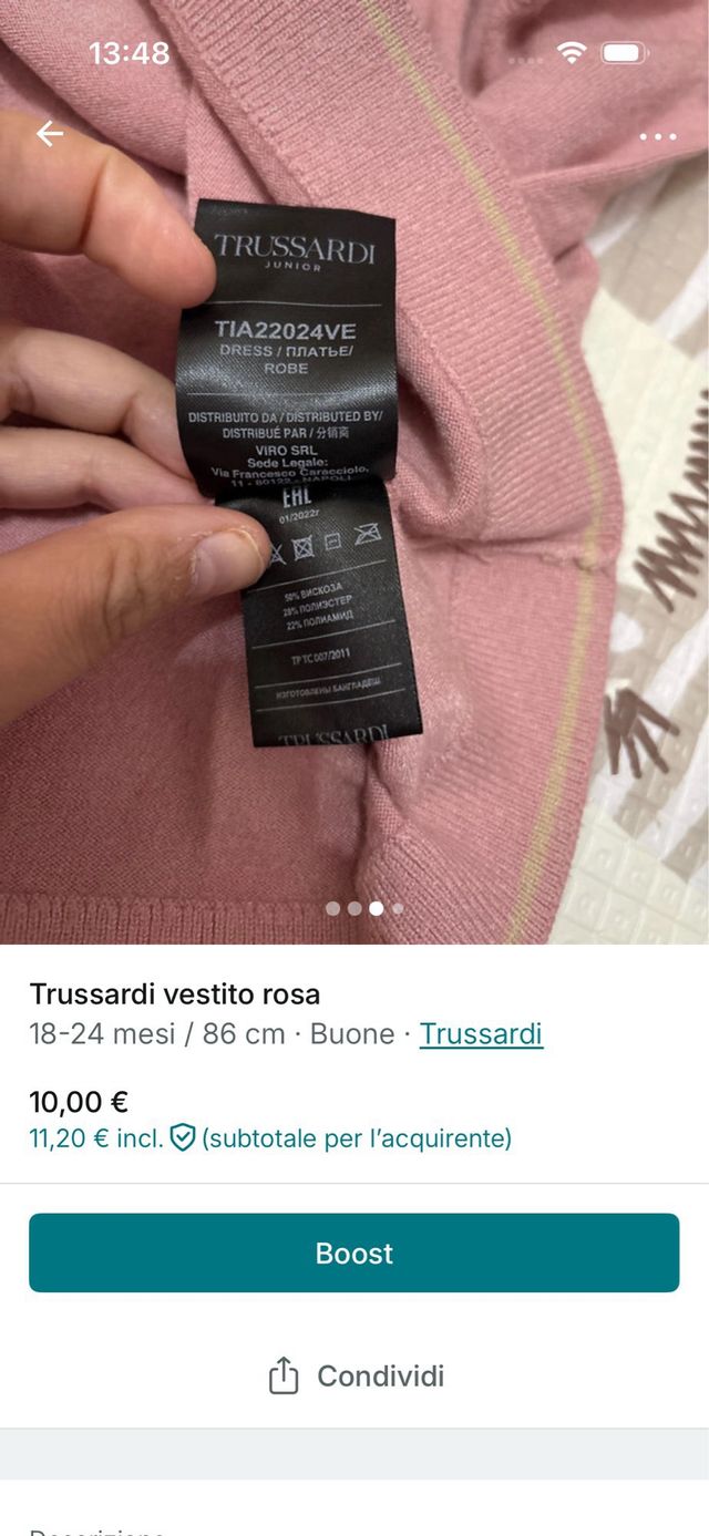 Vestito Trussardi rosa 18-24 mesi