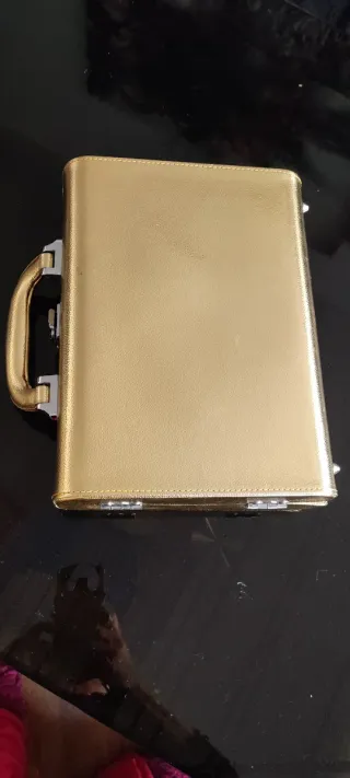 Maletín dorado con asa y cierre, precio negociable