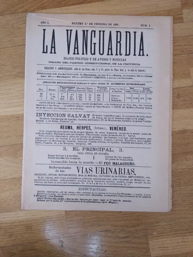 Periódico La Vanguardia 1 Febrero 1881
