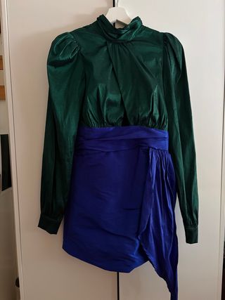 Vestito collo alto verde e blu