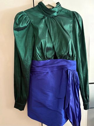 Vestito collo alto verde e blu