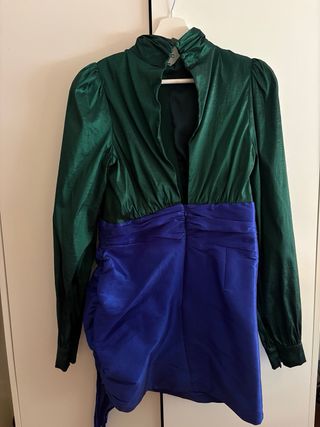 Vestito collo alto verde e blu