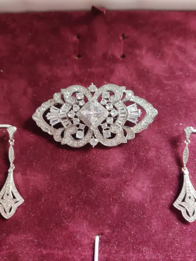 Conjunto de broche y pendientes plateados