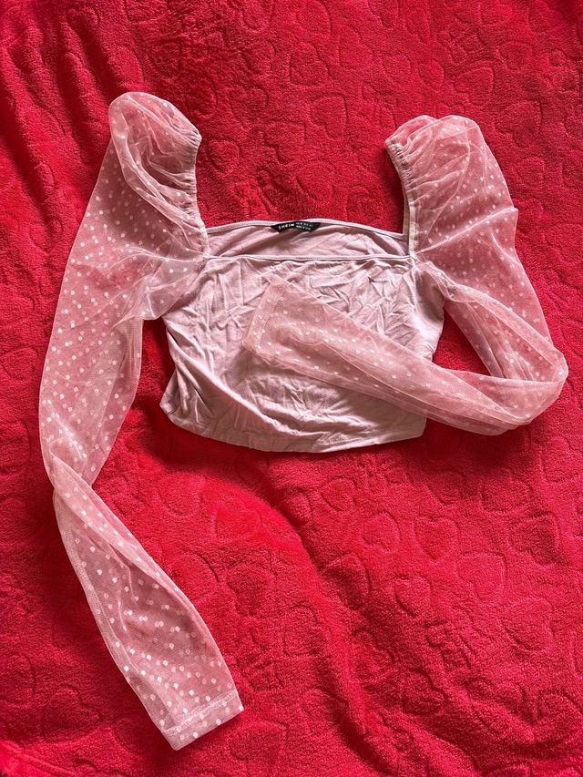 Top rosa manga transparente lunares