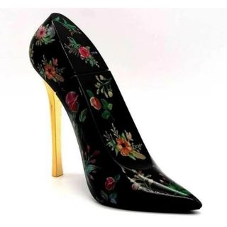 Perfume Zapato Tacón Negro Flores Dorado