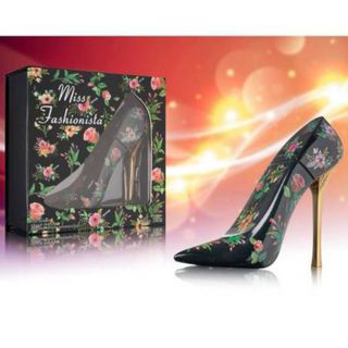 Perfume Zapato Tacón Negro Flores Dorado