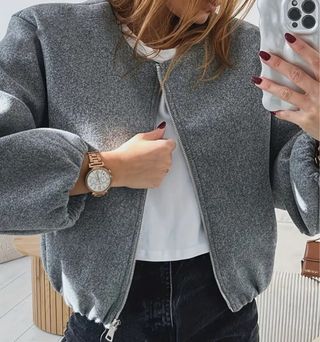 Cazadora paño gris L mangas abullonadas