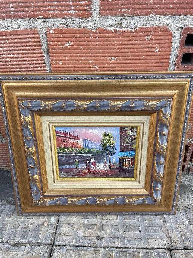 Cuadro pintura óleo paisaje urbano marco dorado