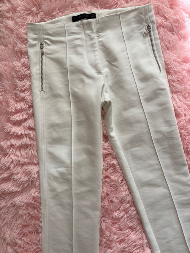 Pantalón Zara Talla S Blanco Cremalleras