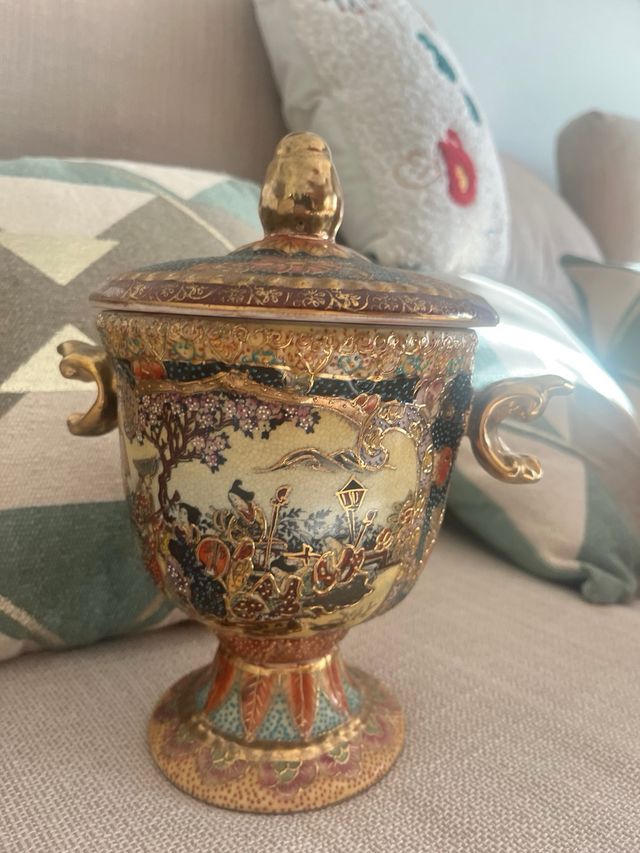 Jarrón Cerámica Asiático Dorado Multicolor