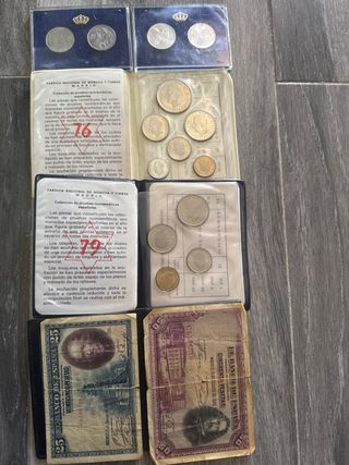 Lote monedas y billetes españoles antiguos