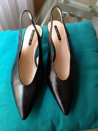 Zapatos Zara Salón Tacón Bajo Piel Negro Talla 37