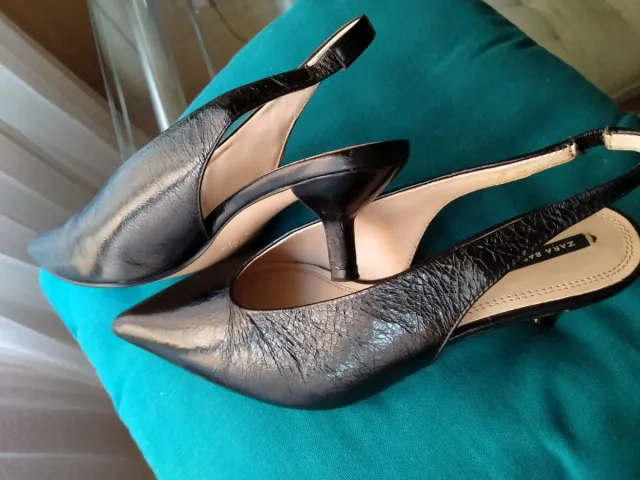 Zapatos Zara Salón Tacón Bajo Piel Negro Talla 37