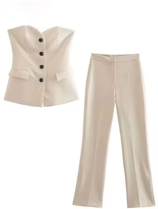 Traje elegante top y pantalón beige
