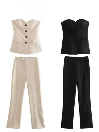 Traje elegante top y pantalón beige