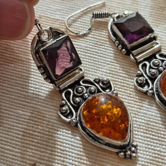 Pendientes Plata 925 Ámbar y Amatista