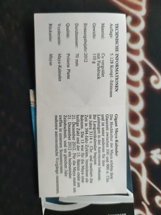 Moneda Oro Calendario Maya 2012 con certificado A.