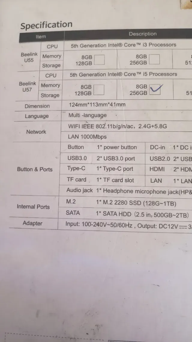 Mini PC Beelink u57 i5 8gb/256gb
