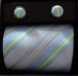 Corbata y gemelos JCS rayas azul, amarillo