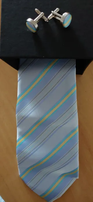 Corbata y gemelos JCS rayas azul, amarillo