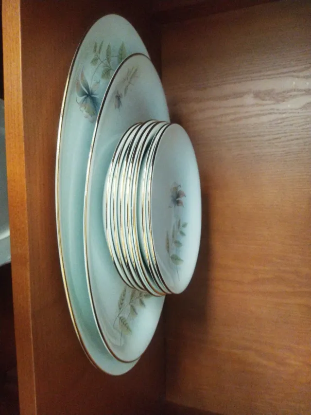 Juego de platos de porcelana con borde dorado