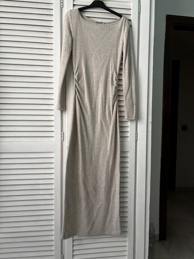 Vestido midi lana fina beige