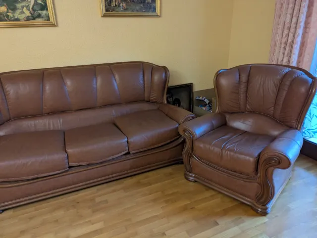 Sofá y sillón de piel marrón