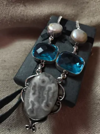 Collar plata, ágata, topacio y perla