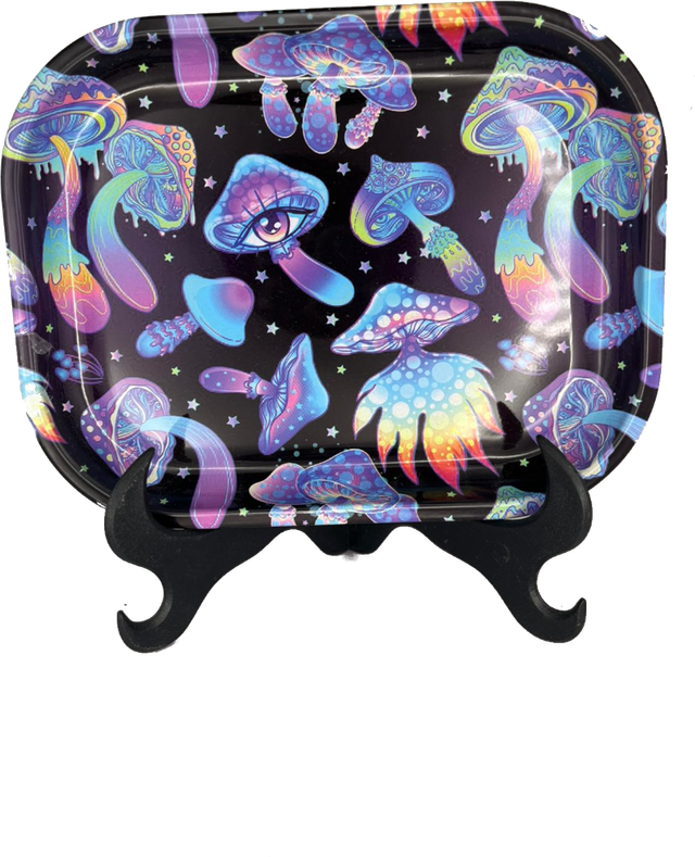 Bandeja negra con setas psicodélicas