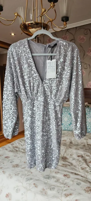 Vestido fiesta lentejuelas plata Zara Talla S
