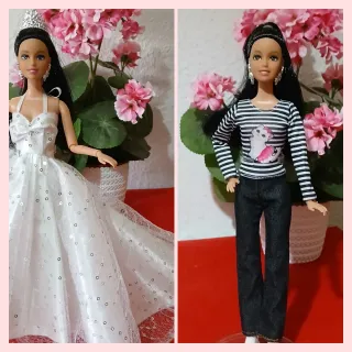 Bambola tipo Barbie scura con 2 abiti