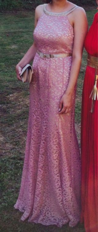 Vestido largo fiesta encaje dorado y rosa