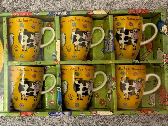 Juego 6 tazas café con plato diseño vaca