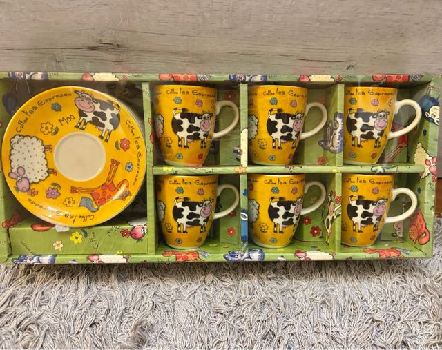 Juego 6 tazas café con plato diseño vaca