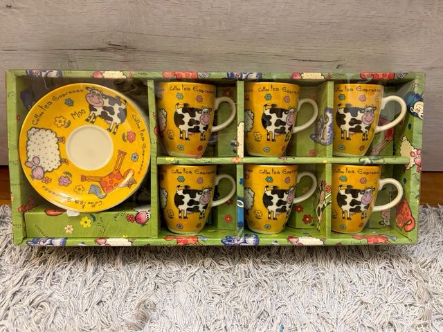 Juego 6 tazas café con plato diseño vaca