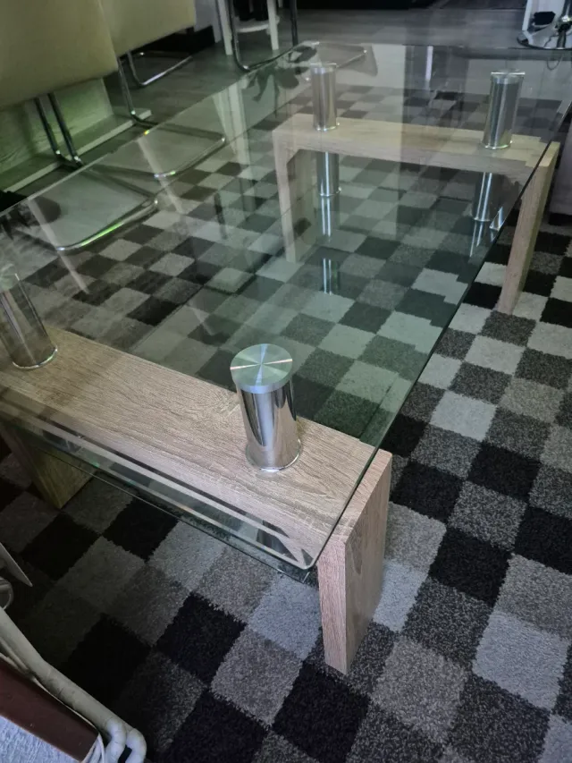 Mesa centro cristal y madera