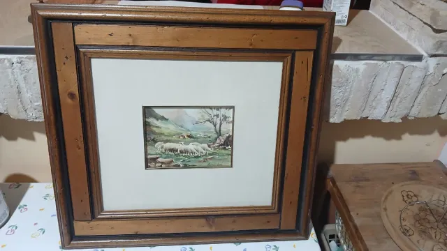 Cuadro acuarela paisaje ovejas Firmado Hernan jose
