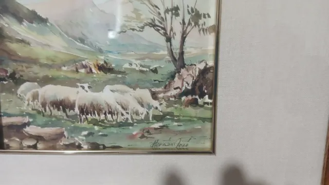 Cuadro acuarela paisaje ovejas Firmado Hernan jose