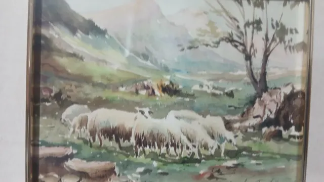 Cuadro acuarela paisaje ovejas Firmado Hernan jose
