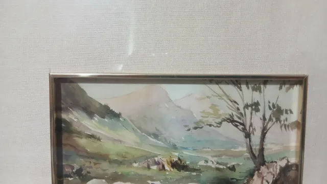 Cuadro acuarela paisaje ovejas Firmado Hernan jose