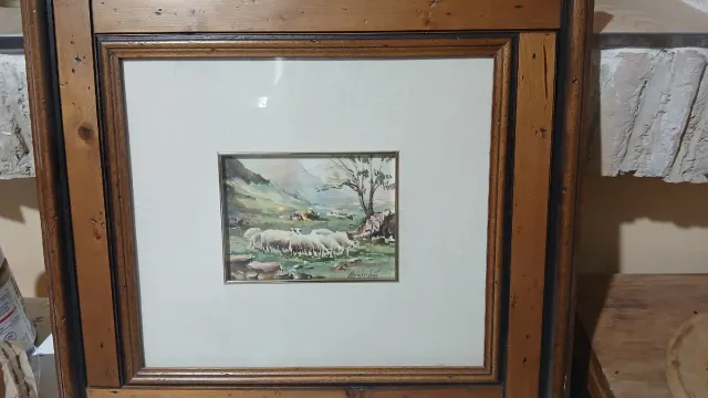 Cuadro acuarela paisaje ovejas Firmado Hernan jose