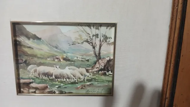 Cuadro acuarela paisaje ovejas Firmado Hernan jose