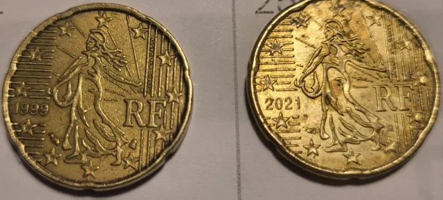2 Monedas 20 Céntimos de Francia de 1999 y 2021