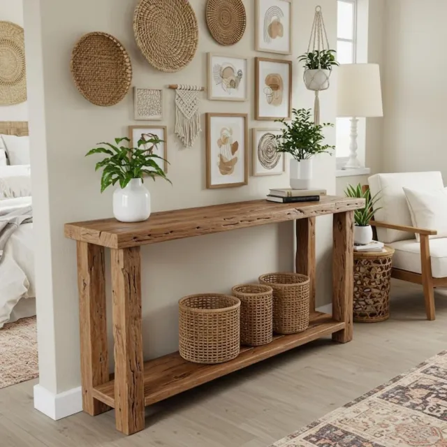 Mesa Consola de Madeira Reciclada Feita à Mão